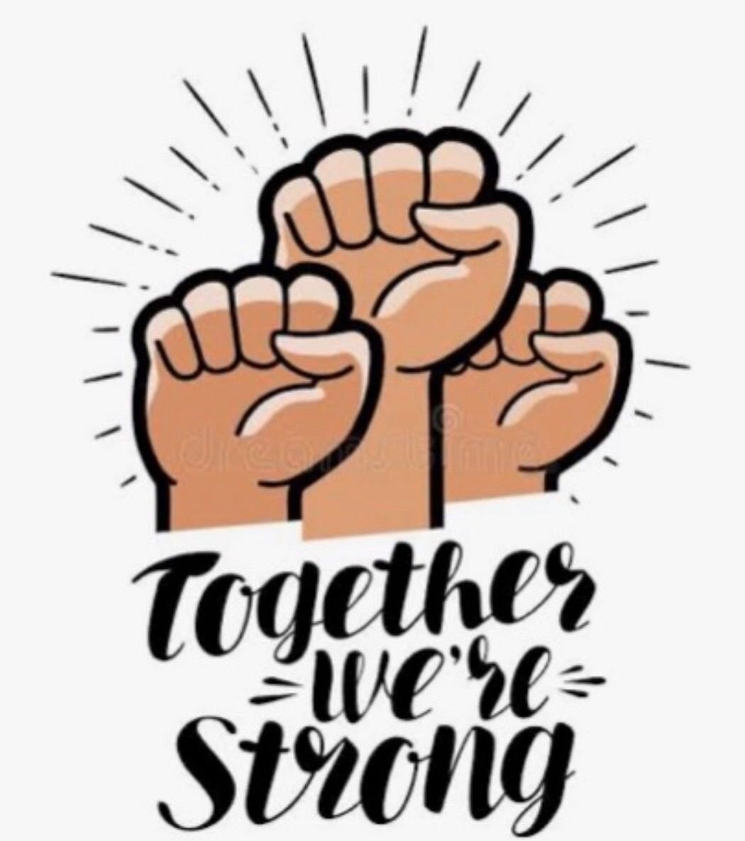 Three raised fists with radiating lines and the words Together we're strong.